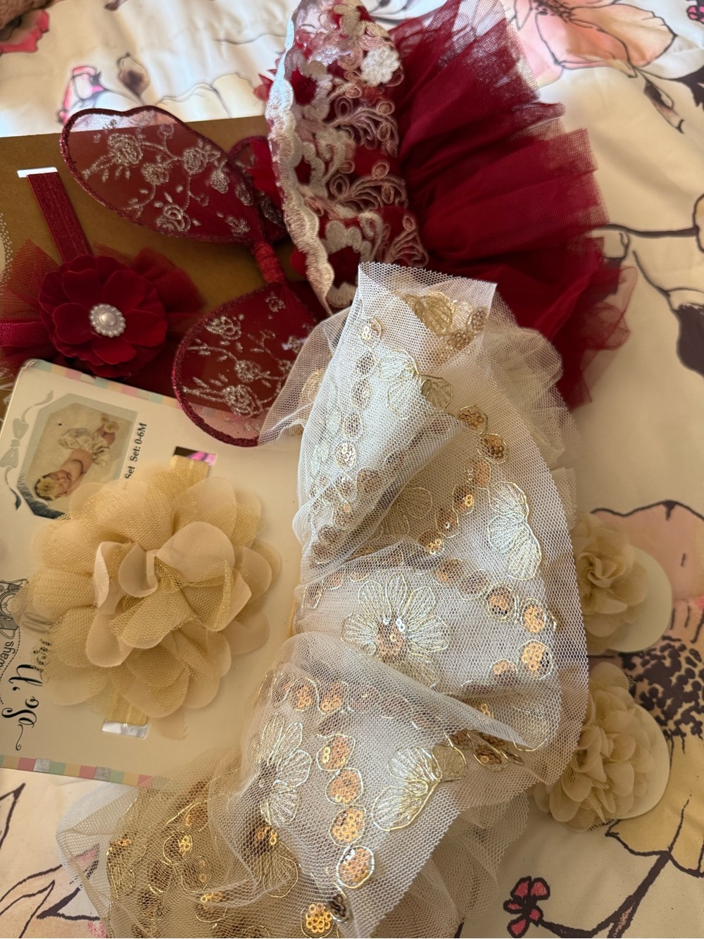 Burgundy and Cream Decorative Tulle Accent Set 2 set